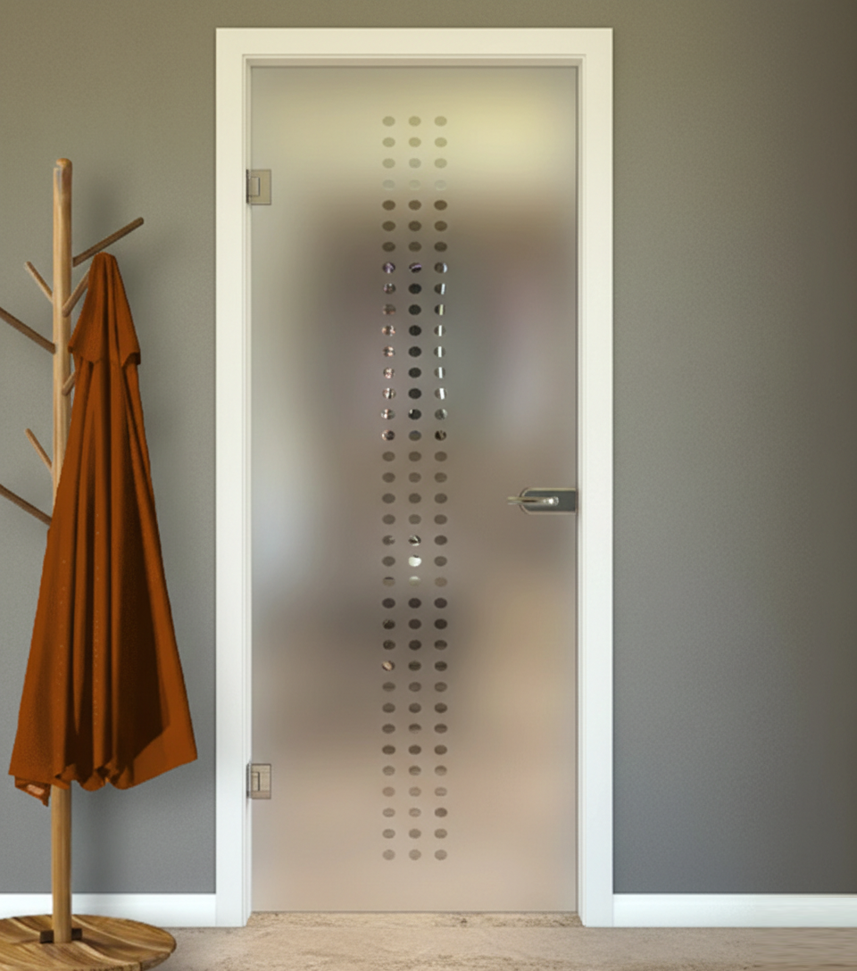 Porta Battente con Telaio in Legno e Vetro Sabbiato con Disegno Trasparente