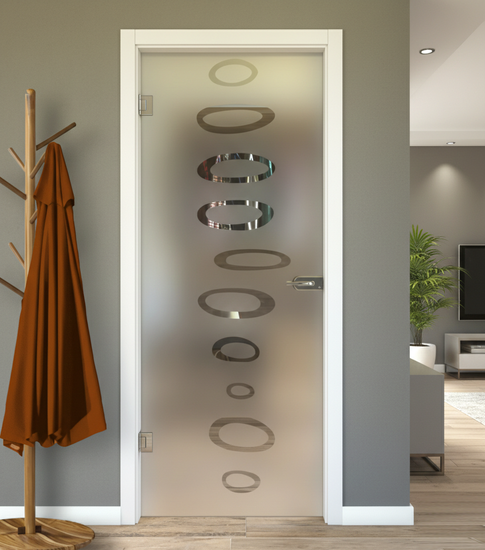 Porta Battente con Telaio in Legno e Vetro Sabbiato con Disegno Trasparente