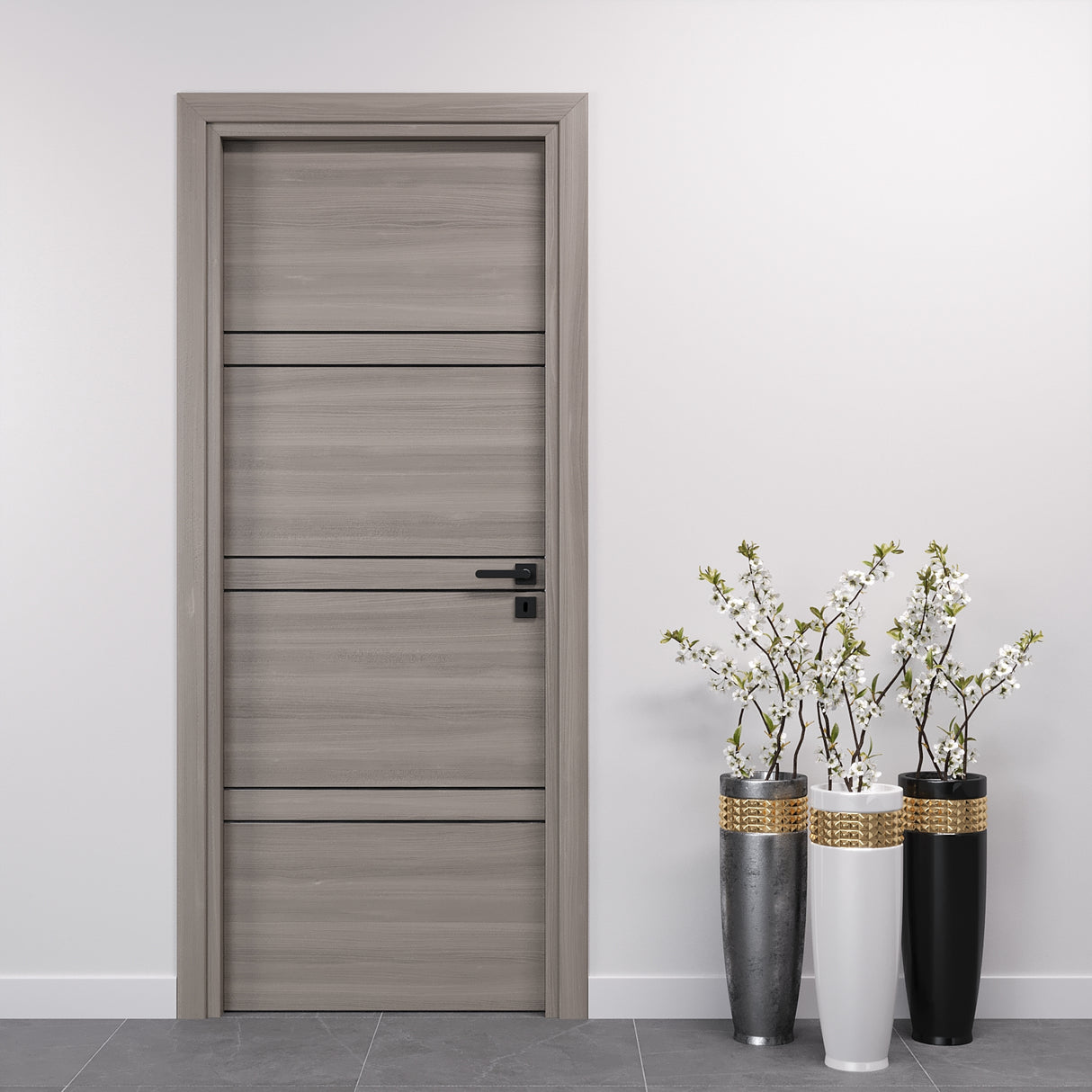 Porta Battente Laminato Olmo Grigio con Inserti Neri