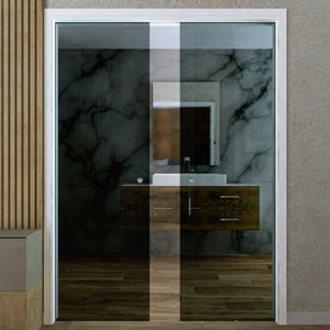 Double-leaf sliding door in smoked glass