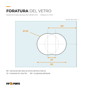 Schema di foratura del vetro: asola da due fori da 60 mm, interasse 22 mm, a 80 mm dal bordo