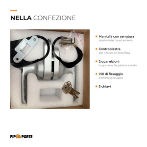 Contenuto della confezione: maniglia con serratura, contropiastra, guarnizioni, viti e tre chiavi