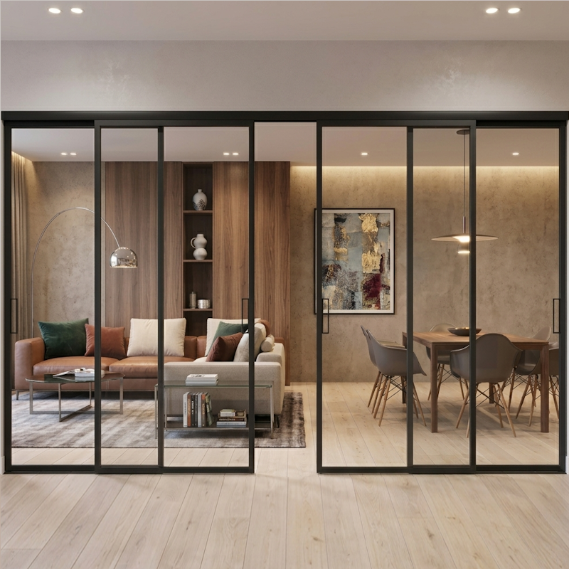 Partition wall system in transparent glass with 4 profiled doors