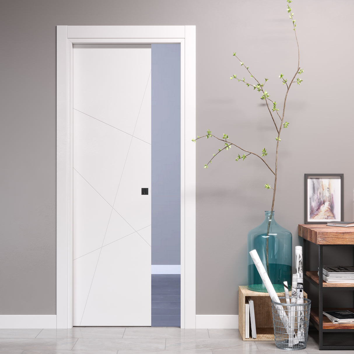 Porta Scorrevole a Scomparsa con Incisioni Geometrica