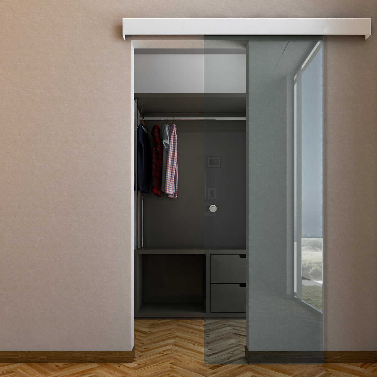 Porta Scorrevole in Vetro Esterno Muro con Binario Compact Bianco