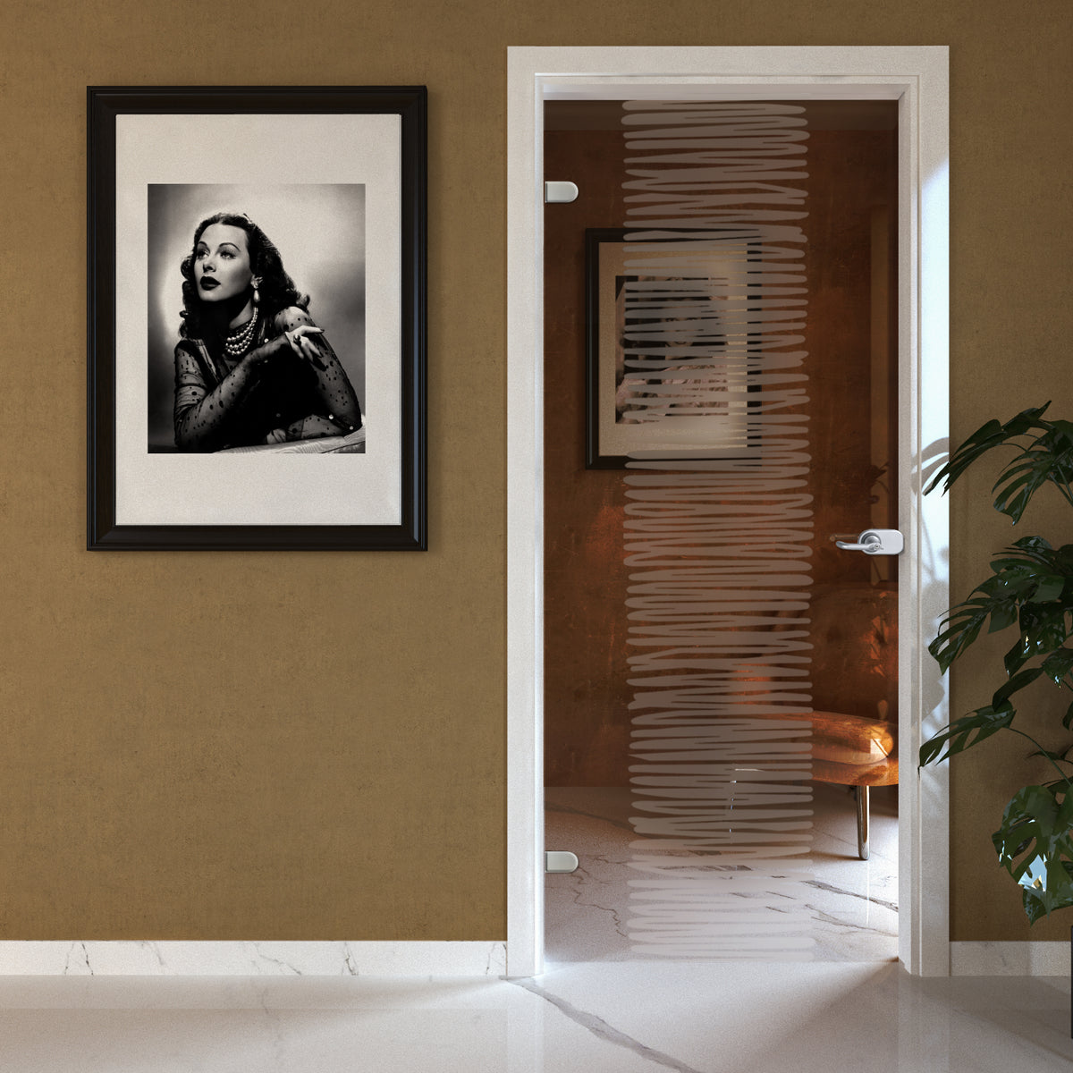 Porta Battente con Telaio in Legno e Vetro Trasparente Bronzo con Disegno Sabbiato EVO Sign 3