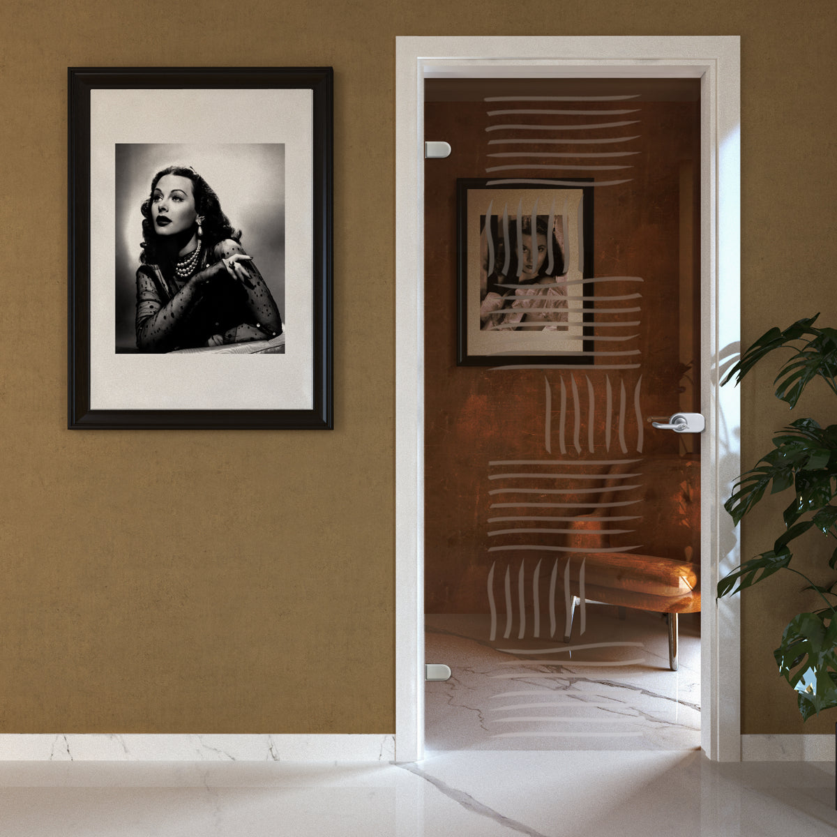 Porta Battente con Telaio in Legno e Vetro Trasparente Bronzo con Disegno Sabbiato EVO Tribal 6