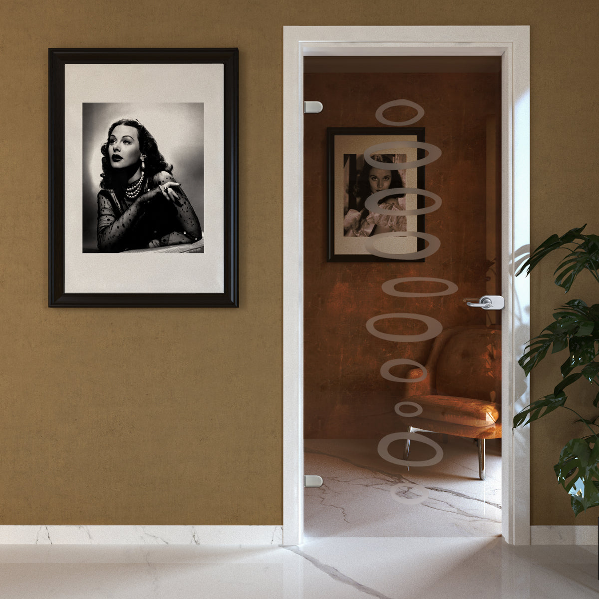 Porta Battente con Telaio in Legno e Vetro Trasparente Bronzo con Disegno Sabbiato EVO Tribal 7