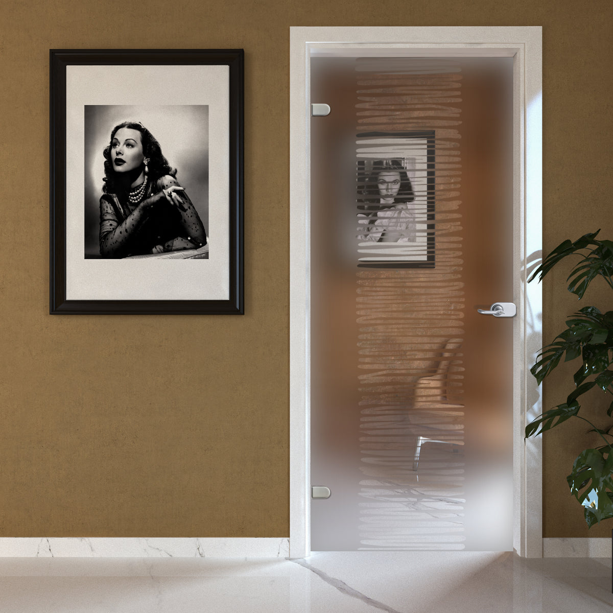 Porta Battente con Telaio in Legno e Vetro Sabbiato con Disegno Trasparente EVO Sign