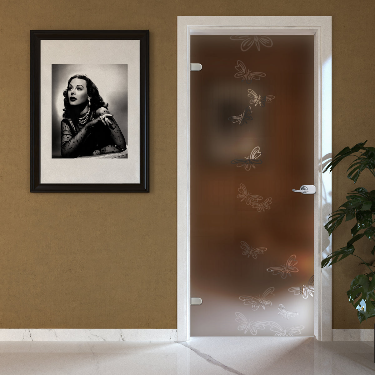 Porta Battente con Telaio in Legno e Vetro Sabbiato Bronzo con Disegno Trasparente EVO Farfalle
