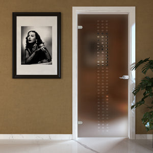 Porta Battente con Telaio in Legno e Vetro Sabbiato Bronzo con Disegno Trasparente EVO Tondo Light