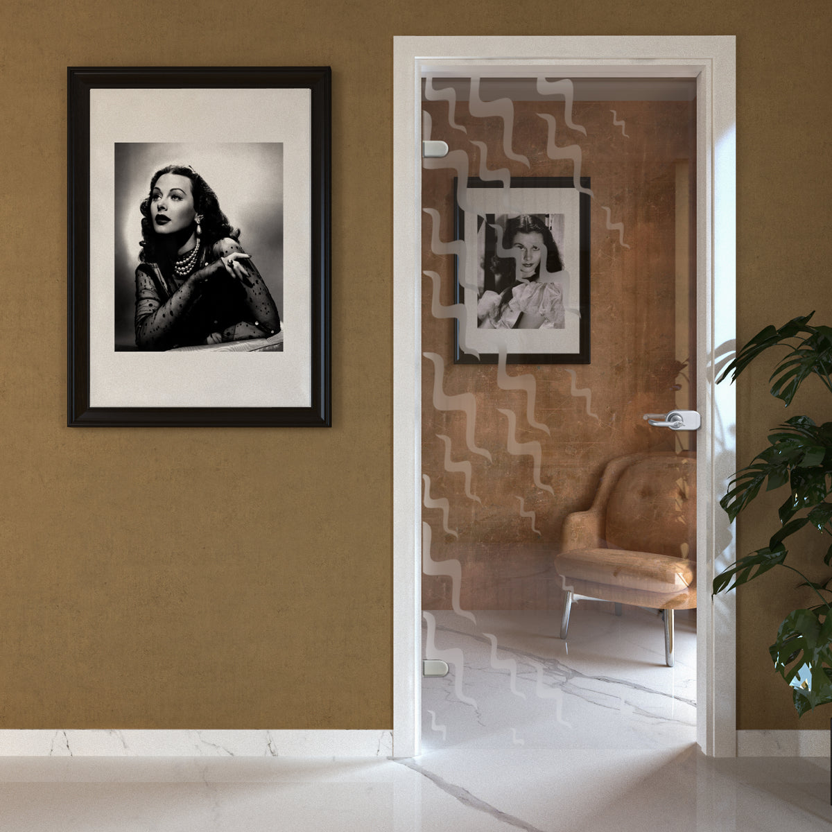 Porta Battente con Telaio in Legno e Vetro Trasparente con Disegno Sabbiato EVO Gabbiano