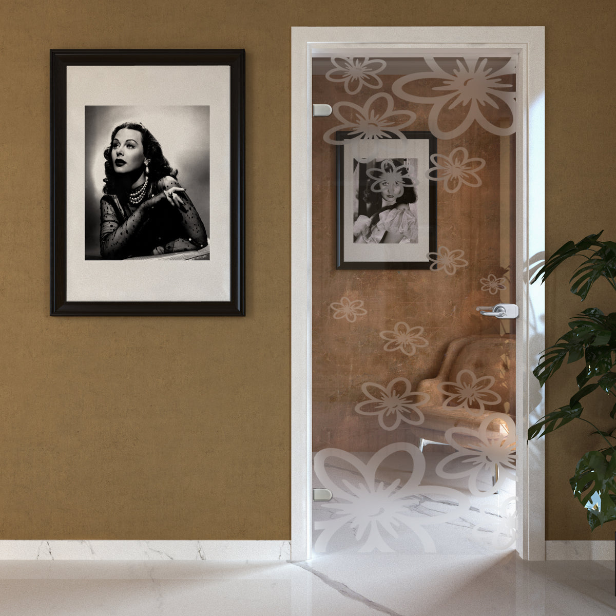 Porta Battente con Telaio in Legno e Vetro Trasparente con Disegno Sabbiato EVO Margherita