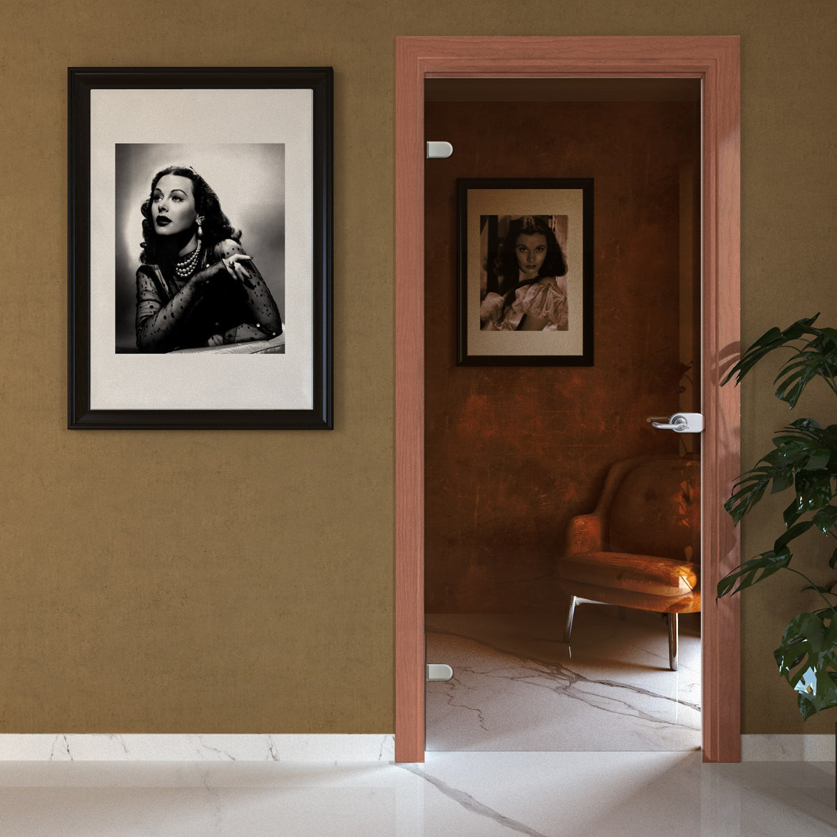Porta battente in vetro bronzo con telaio e cornici in laminato Ciliegio