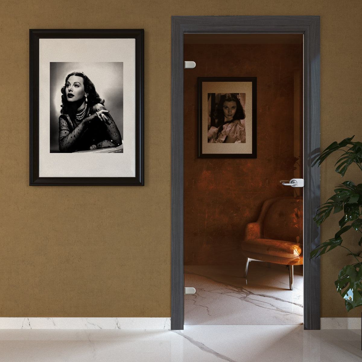 Porta battente in vetro bronzo con telaio e cornici in laminato Rovere Grigio
