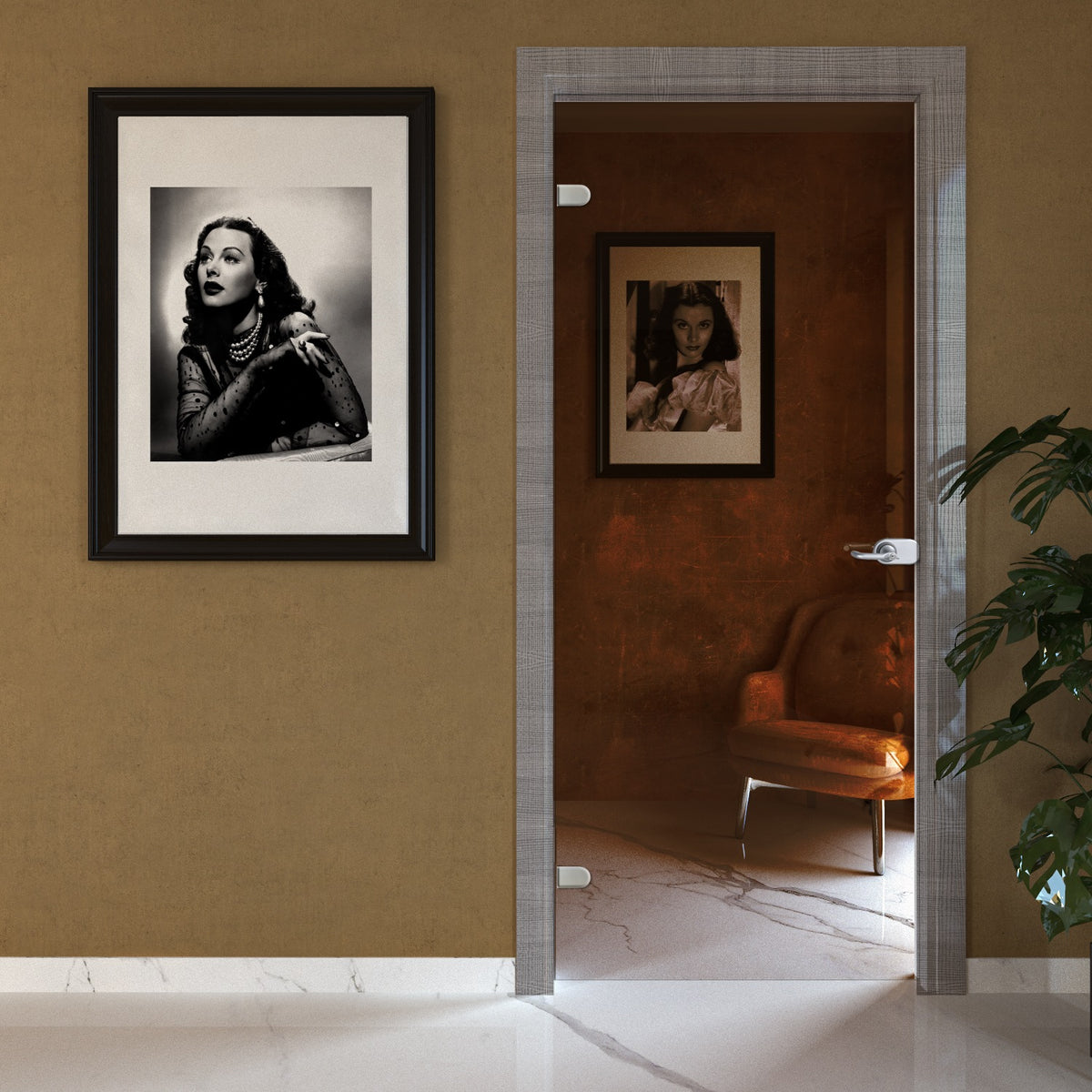 Porta battente in vetro bronzo con telaio e cornici in laminato Tranchè