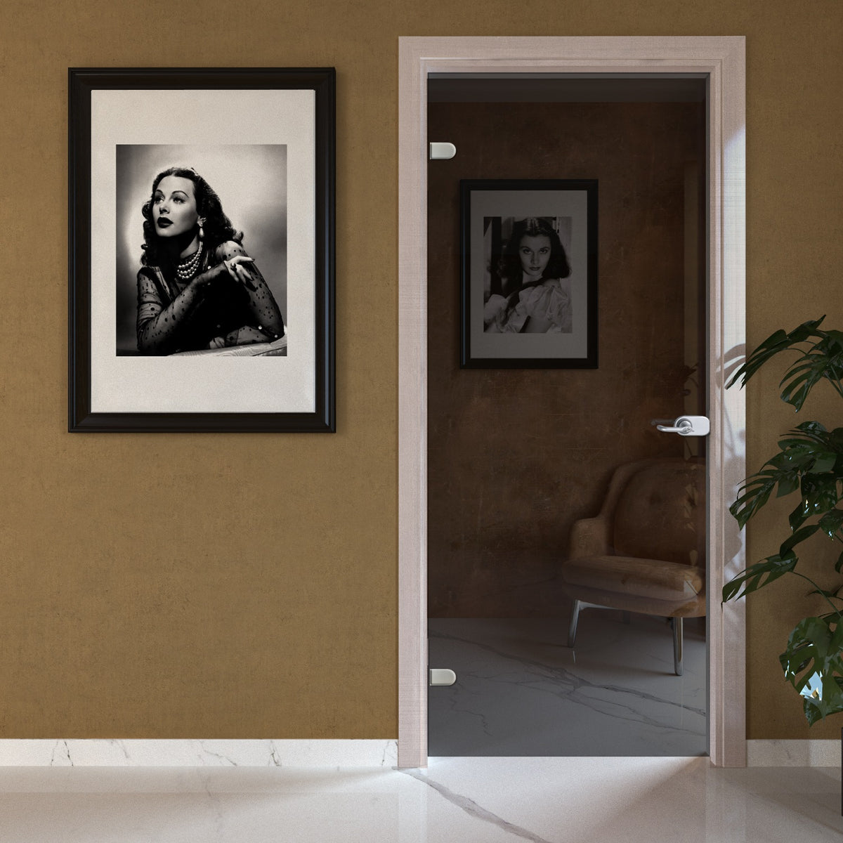 Porta battente in vetro fumè con telaio e cornici in laminato Larice