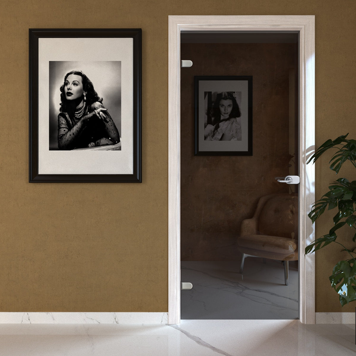 Porta battente in vetro fumè con telaio e cornici in laminato Palissandro White