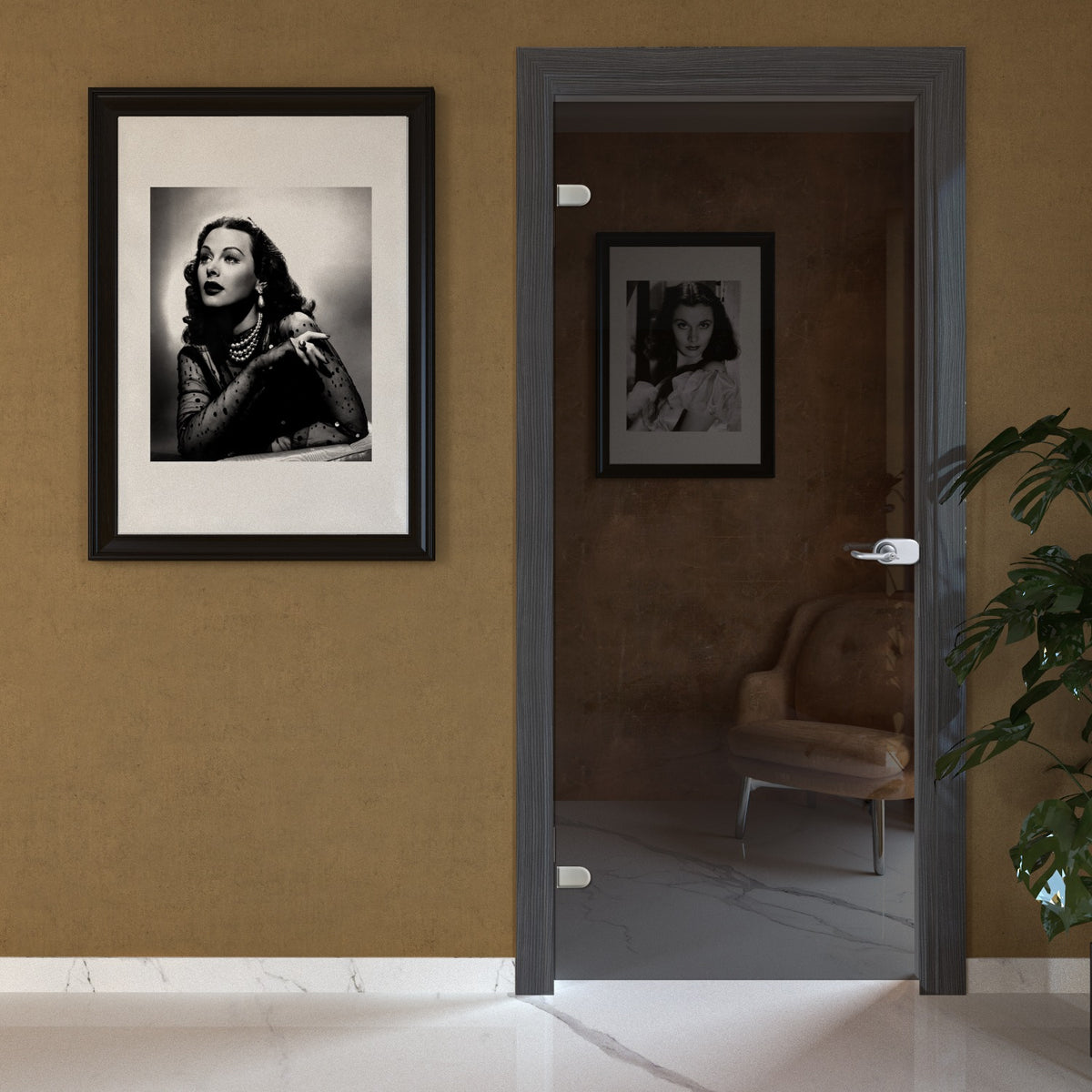 Porta battente in vetro fumè con telaio e cornici in laminato Rovere Grigio
