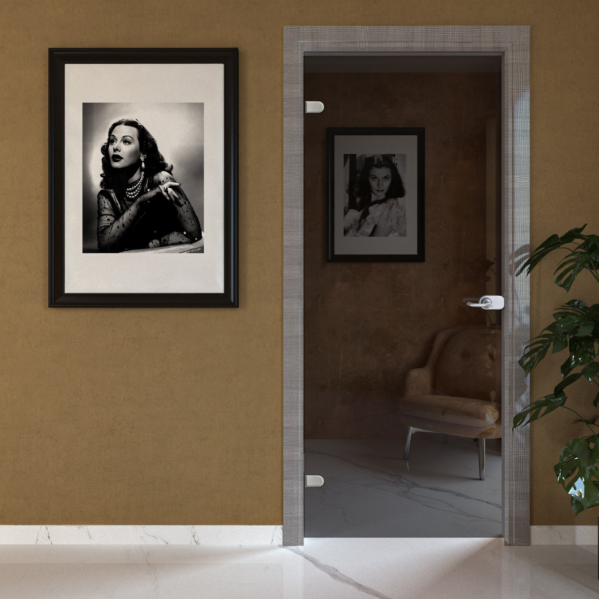 Porta battente in vetro fumè con telaio e cornici in laminato Tranchè