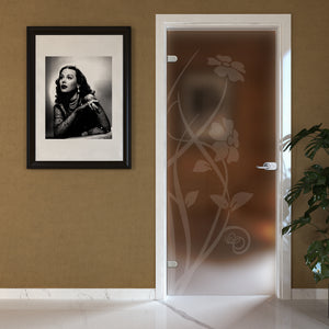 Porta Battente con Telaio in Legno e Vetro Satinato Bronzo con Disegno Sabbiato EVO Flower Two