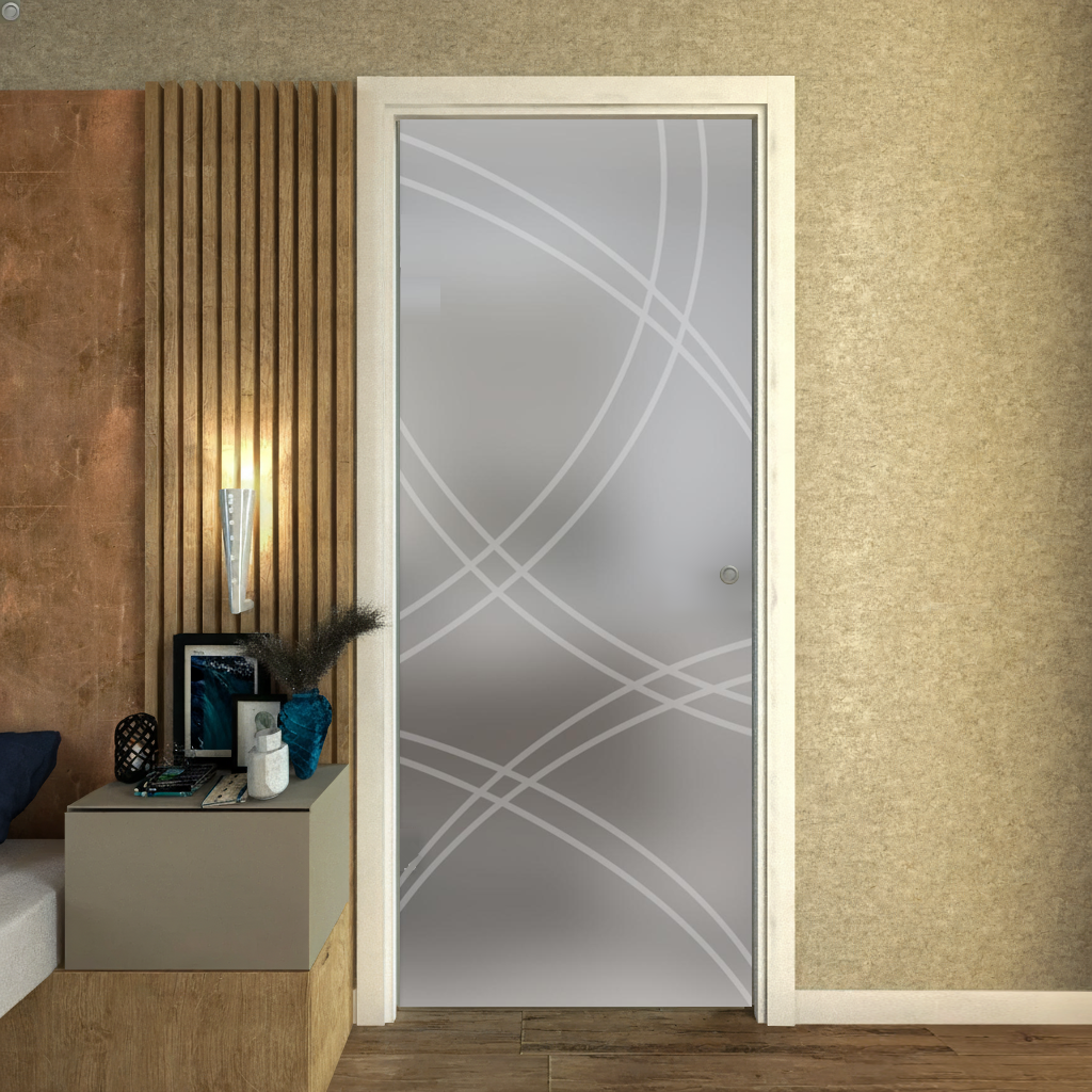 Porta Scorrevole a Scomparsa in Vetro Satinato e Disegno Sabbiato Evo Astratto