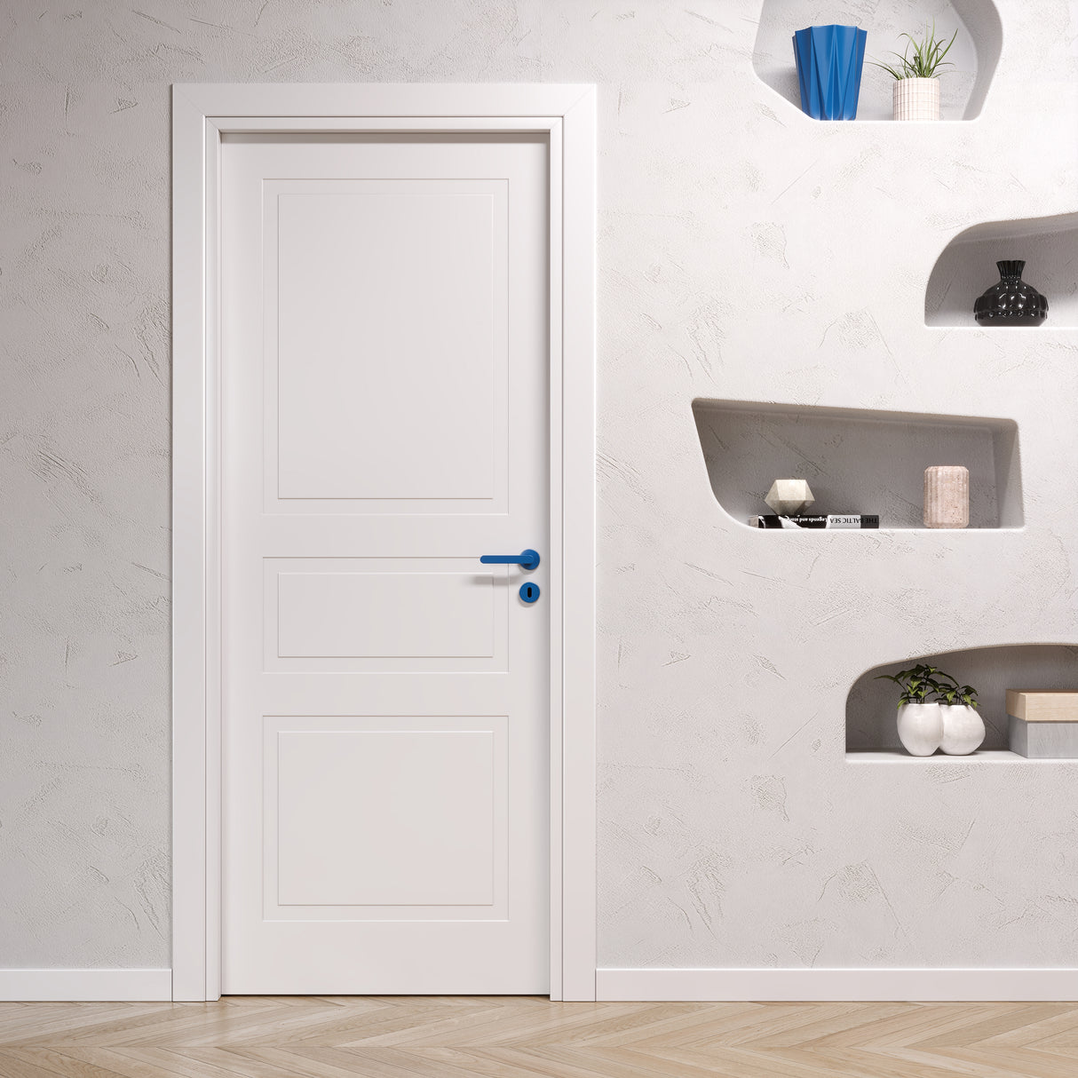 POrta pantografata bianca con maniglia blu
