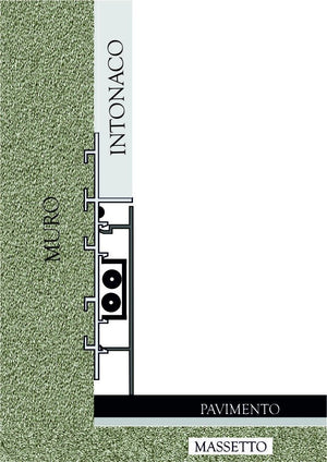 Sezione verticale del battiscopa filo muro: muro, intonaco, profilo in alluminio, battiscopa, pavimento e massetto
