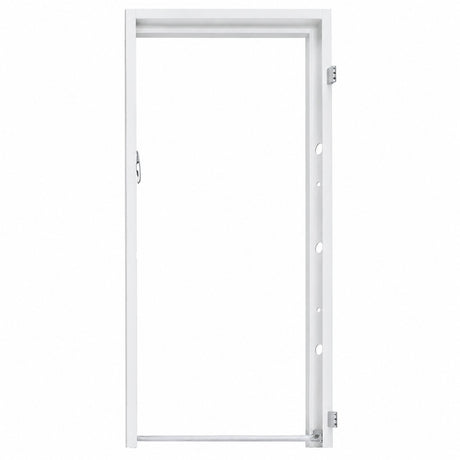 Telaio bianco opaco per porte blindate con cerniere regolabili e fori di fissaggio a muro