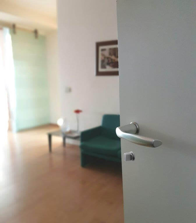  / Pivot door satin handle with door flush with wall pawl